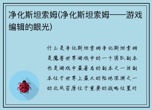 净化斯坦索姆(净化斯坦索姆——游戏编辑的眼光)